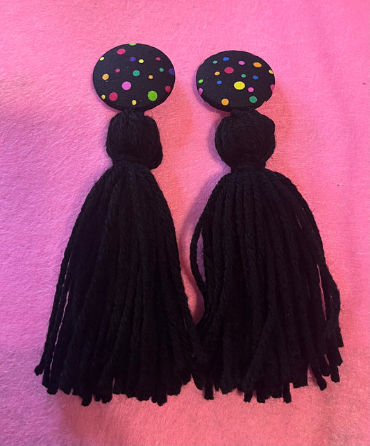 Black Polka Dot Button Tassel Earrings